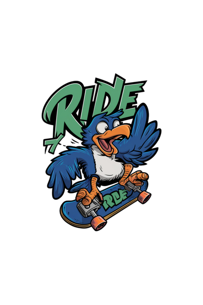 White Oversized Unisex T-Shirt - Bird Riding a Skateboard