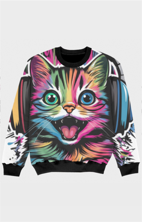 Lively Kids' All-Over Print Sweatshirt: Colorful Cat with Headphones