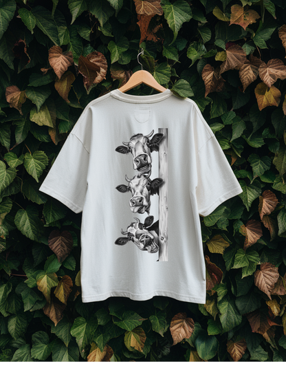 White Unisex Oversized T-Shirt - Three Cow Faces Sketch