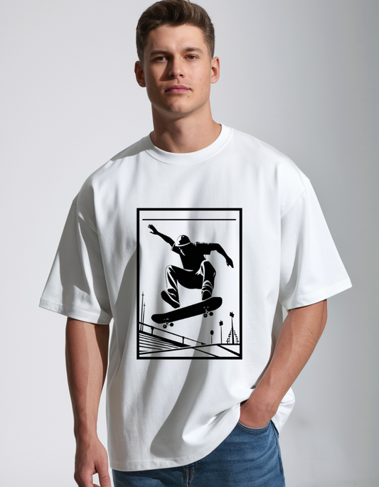 White Oversized Cotton T-Shirt with Skater Art Line Graphic