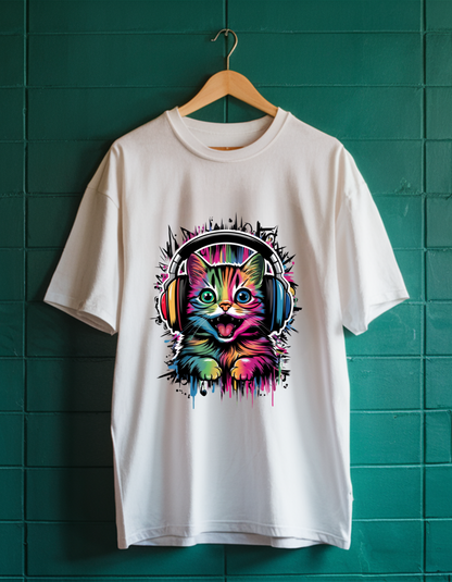 Cat Face with Headphones Unisex Oversized T-Shirt: Embrace Cool Comfort