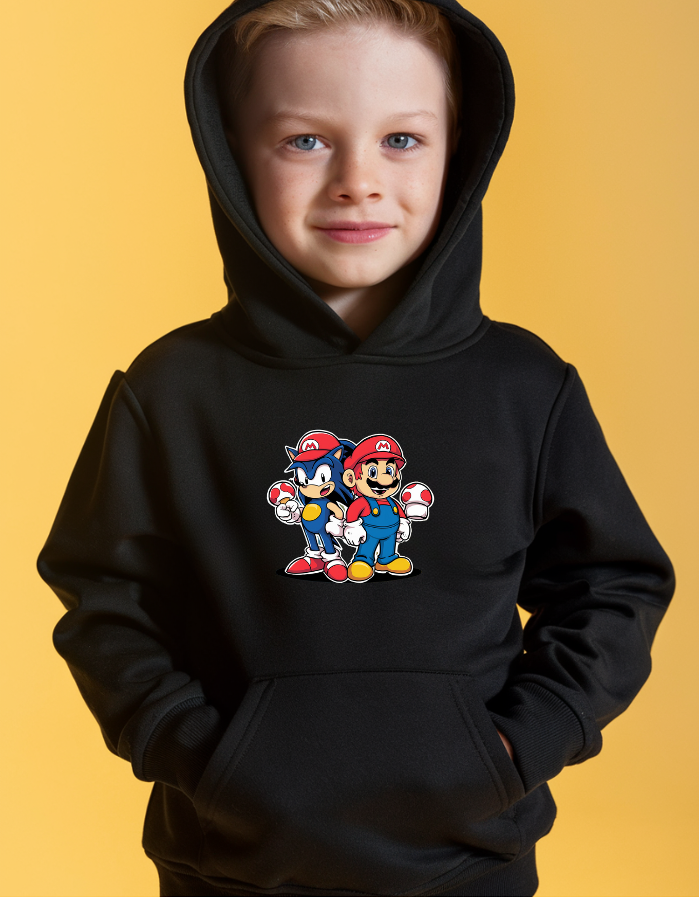 Kids' Black Hoodie: Sonic & Mario Front Print