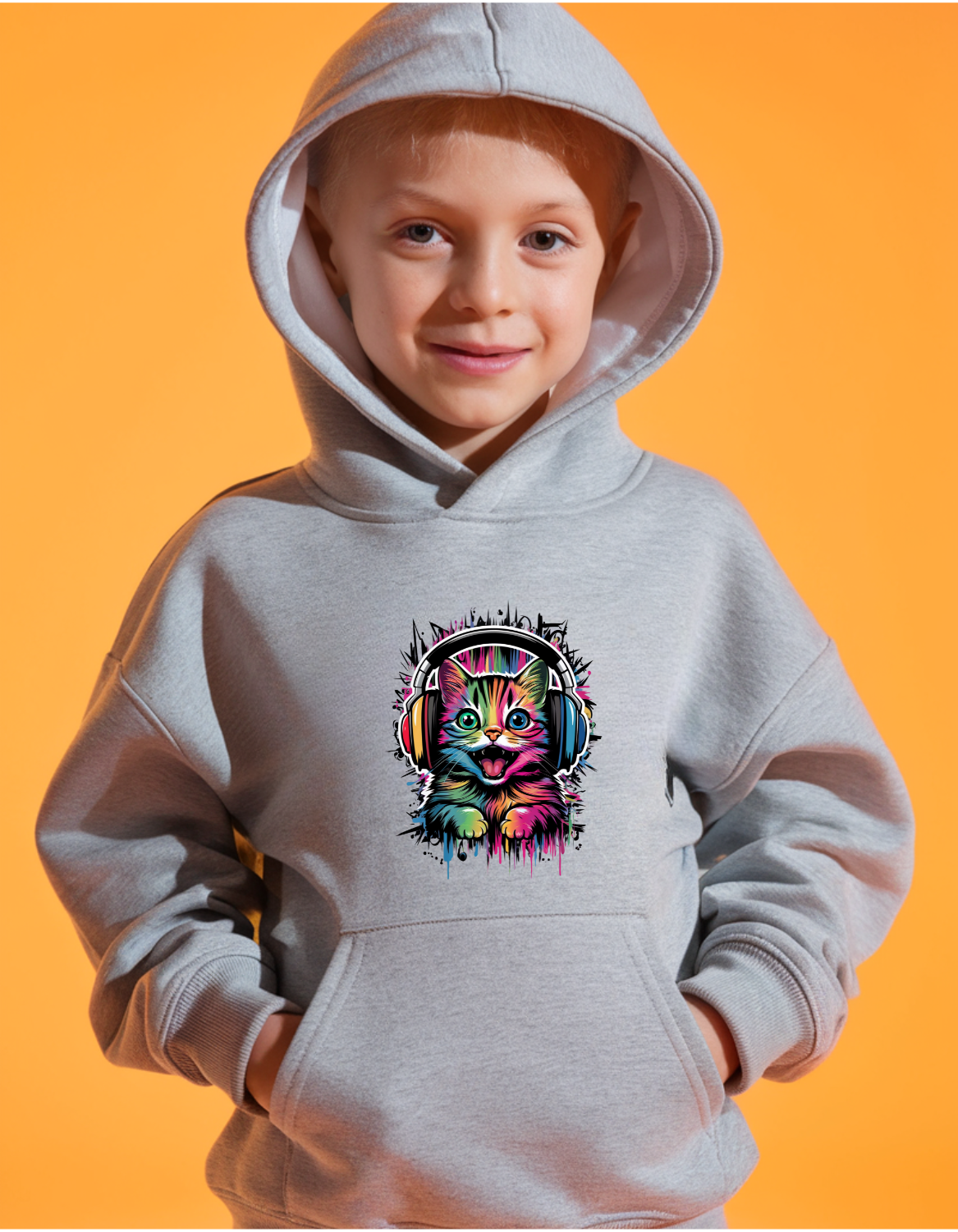 Kids' Gray Hoodie: Colorful Cat with Headphones