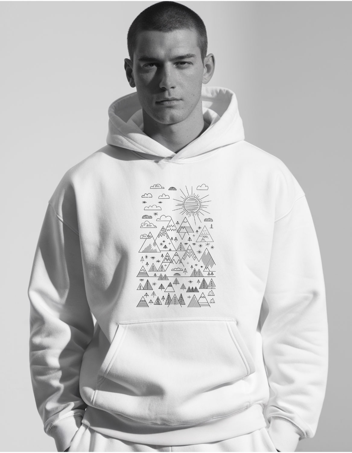 Unisex Oversized White Hoodie: Mountain & Sun Art Line