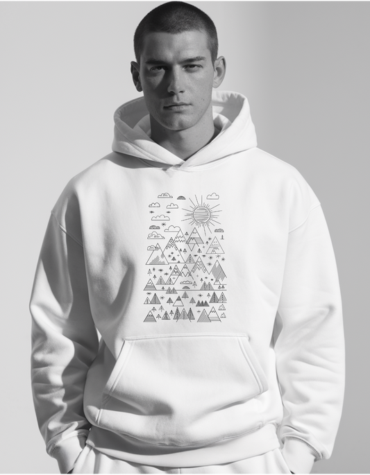 Unisex Oversized White Hoodie: Mountain & Sun Art Line