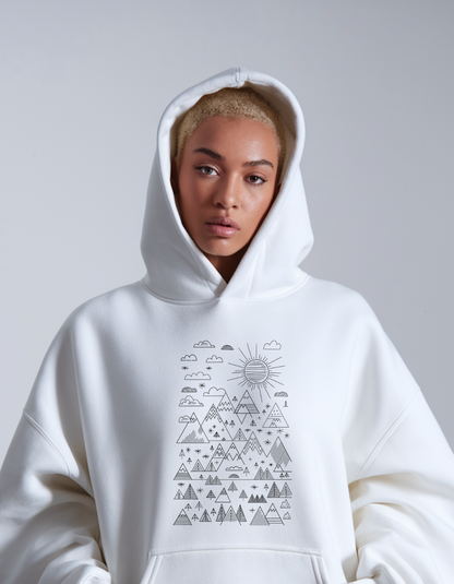 Unisex Oversized White Hoodie: Mountain & Sun Art Line