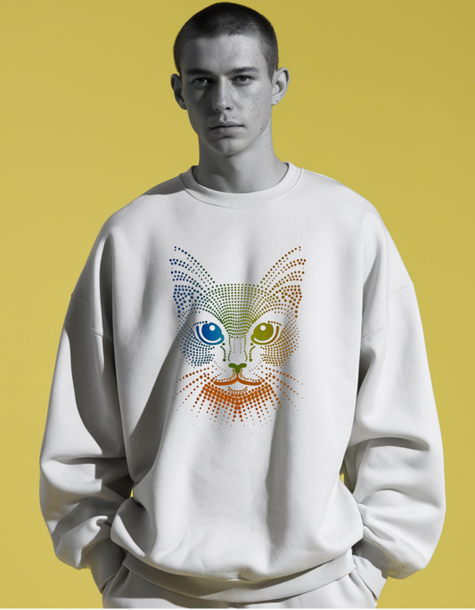 Unisex White Sweatshirt: Colorful Cat Face