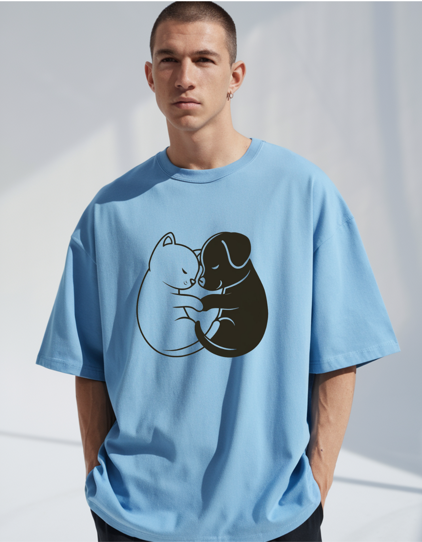 "Dreamy Duo: Baby Blue Unisex Oversized Tee with Sleeping Puppies"