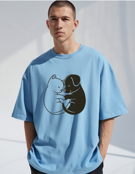 "Dreamy Duo: Baby Blue Unisex Oversized Tee with Sleeping Puppies"