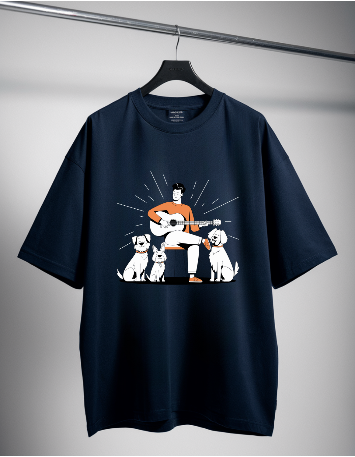 Unisex Navy Blue Oversized Tee: Chill Vibes with Guitar & Dogs