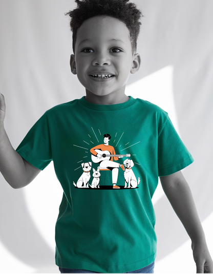 Bottle Green Kids' T-Shirt: Guitar and Dogs Graphic