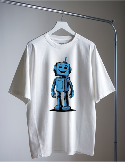 Unisex White Oversized Tee: "Robot Fun"