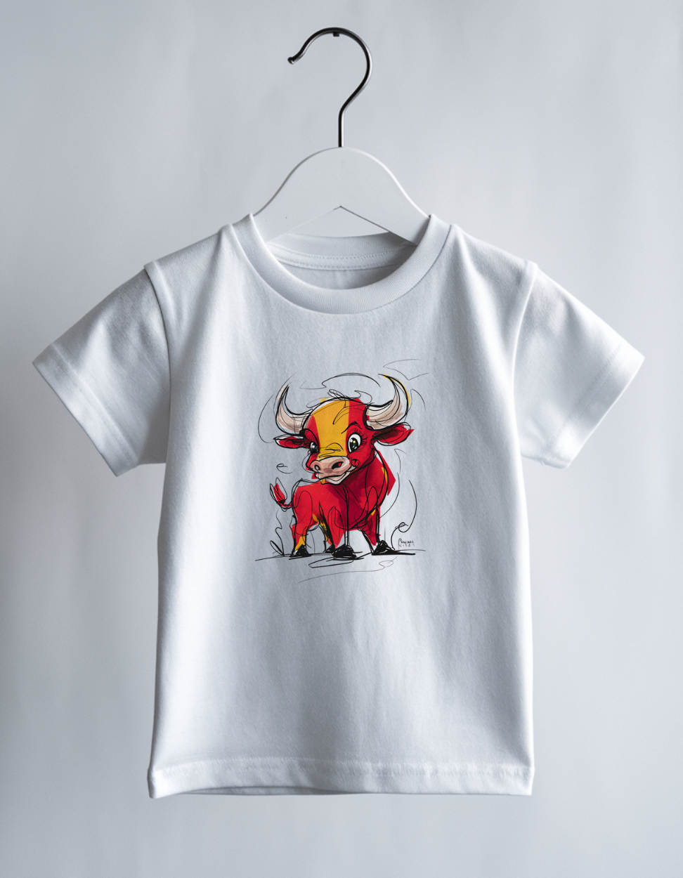 "Little Bull’s Adventure: Kids' White Tee with Red Bull Graphic"