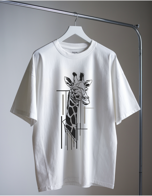 "Giraffe Lines: Unisex White oversize Tee with Artistic Sketch"