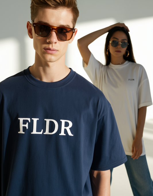 Navy Blue Oversize Tee with "FLDR" Logo