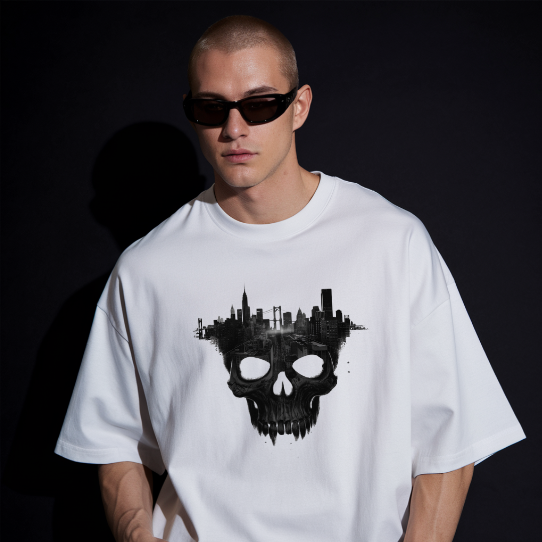 White Oversized Skull Silhouette T-Shirt