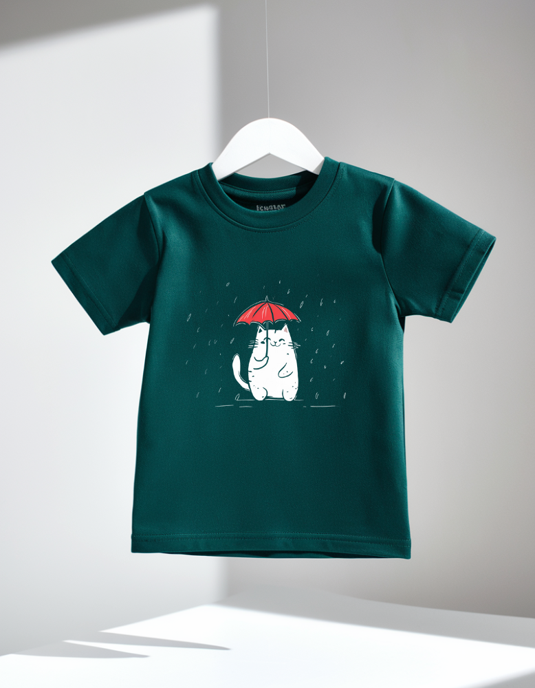 Bottle Green Kids’ T-Shirt with Cat