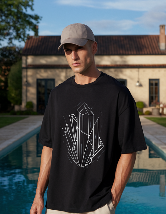 Black Oversized T-Shirt – Unisex with Crystal Geometric Artline Design