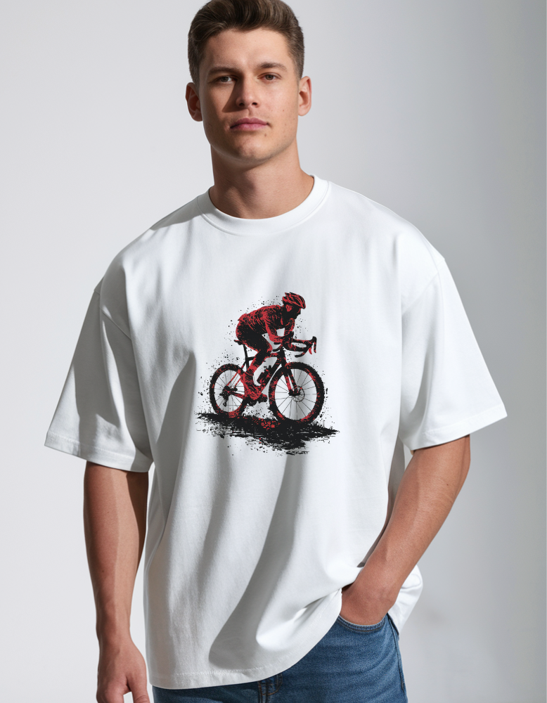 White Oversized T-Shirt with Red and Black Cyclist Graphic