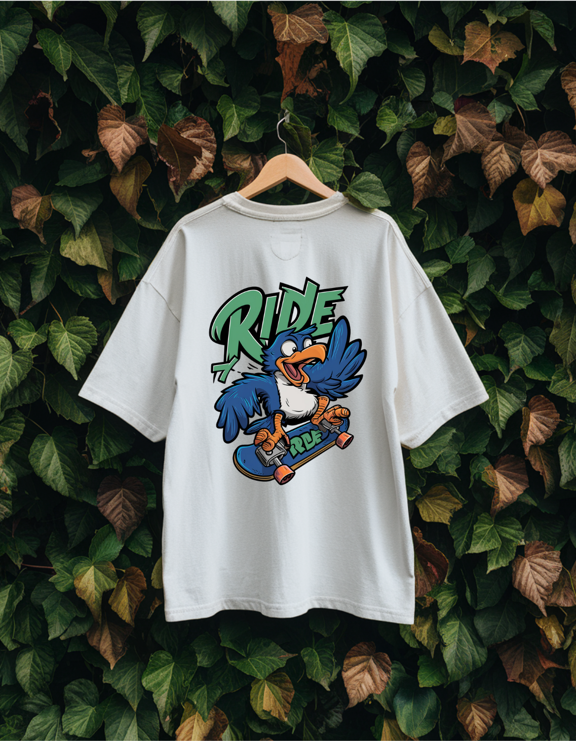 White Oversized Unisex T-Shirt - Bird Riding a Skateboard