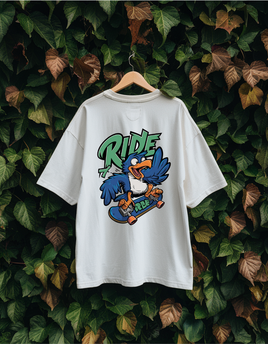 White Oversized Unisex T-Shirt - Bird Riding a Skateboard