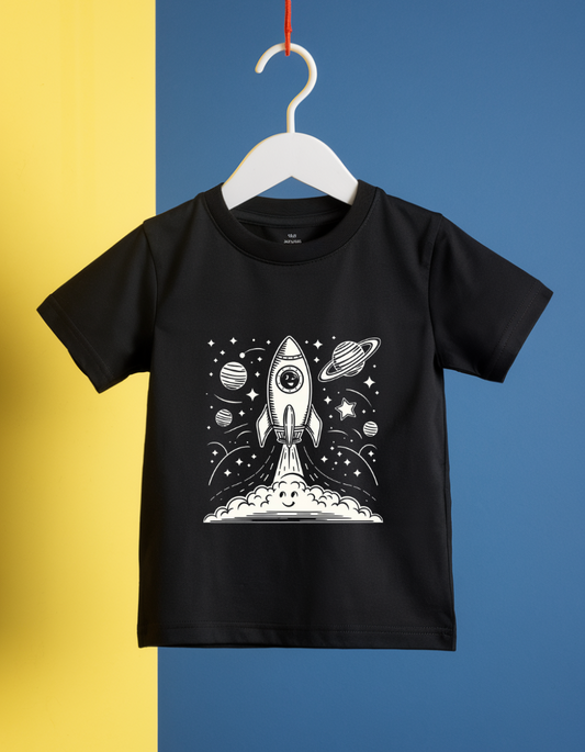 Black Kids' T-Shirt with Space Rocket and Planets (Ages 0-11)