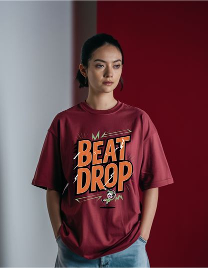 Maroon Unisex Graphic Oversized T-Shirt 'BEAT DROP'