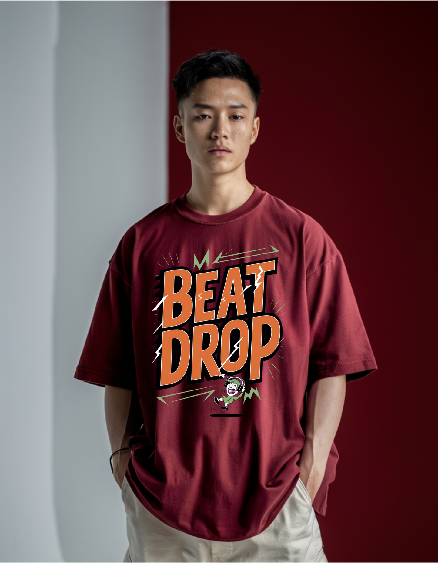 Maroon Unisex Graphic Oversized T-Shirt 'BEAT DROP'