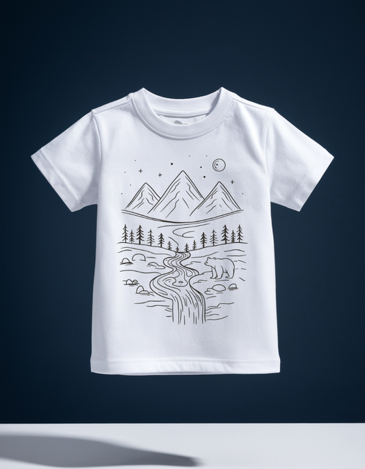 White Kids’ T-Shirt with Artistic Bear Sketch