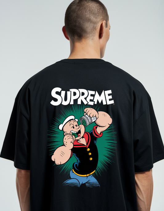 Popeye Supreme Cartoon Art Oversized Black T-Shirt