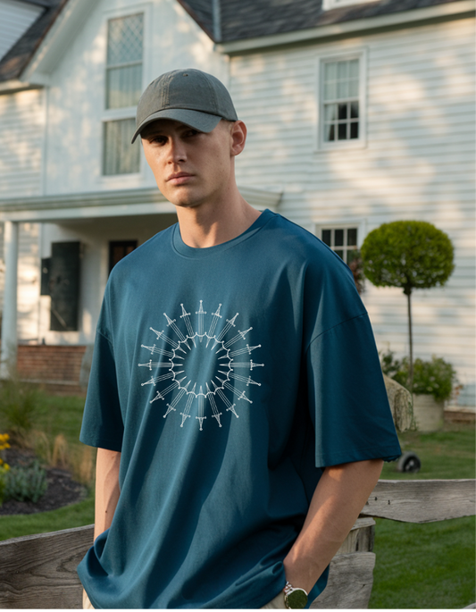 Petrol Blue Oversized T-Shirt with Sword Graphic