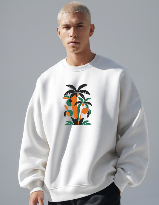 "Bright White Sweatshirt with Vibrant Colorful Tree Design"