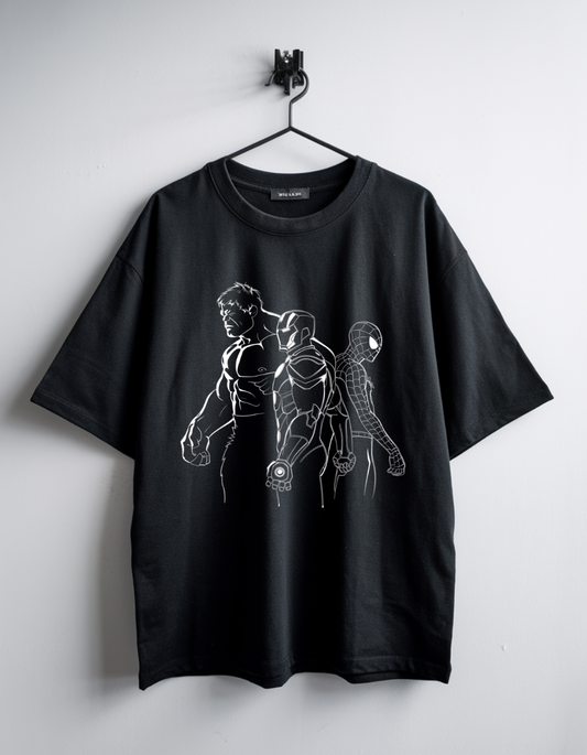 Black Oversize Unisex T-Shirt with Hulk, Iron Man, and Spidey Artline