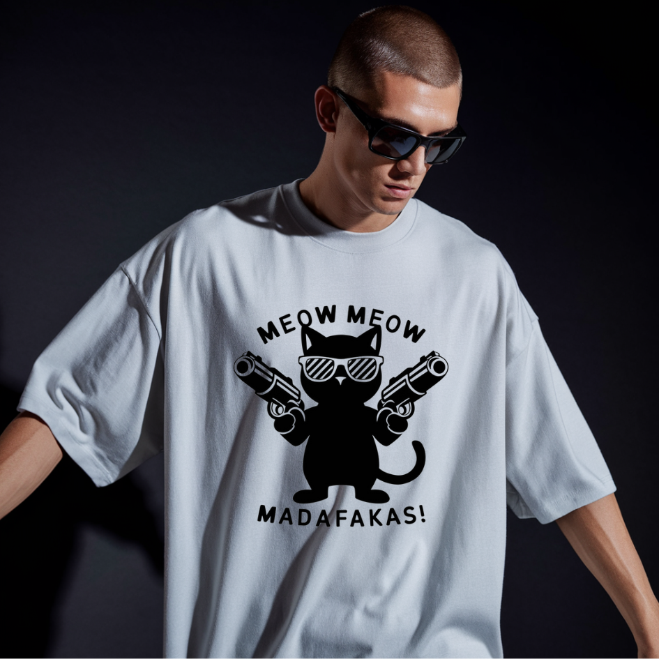 Purrfectly Bold: White Unisex Oversized T-Shirt with "Meow Meow Madafakas" Graphic