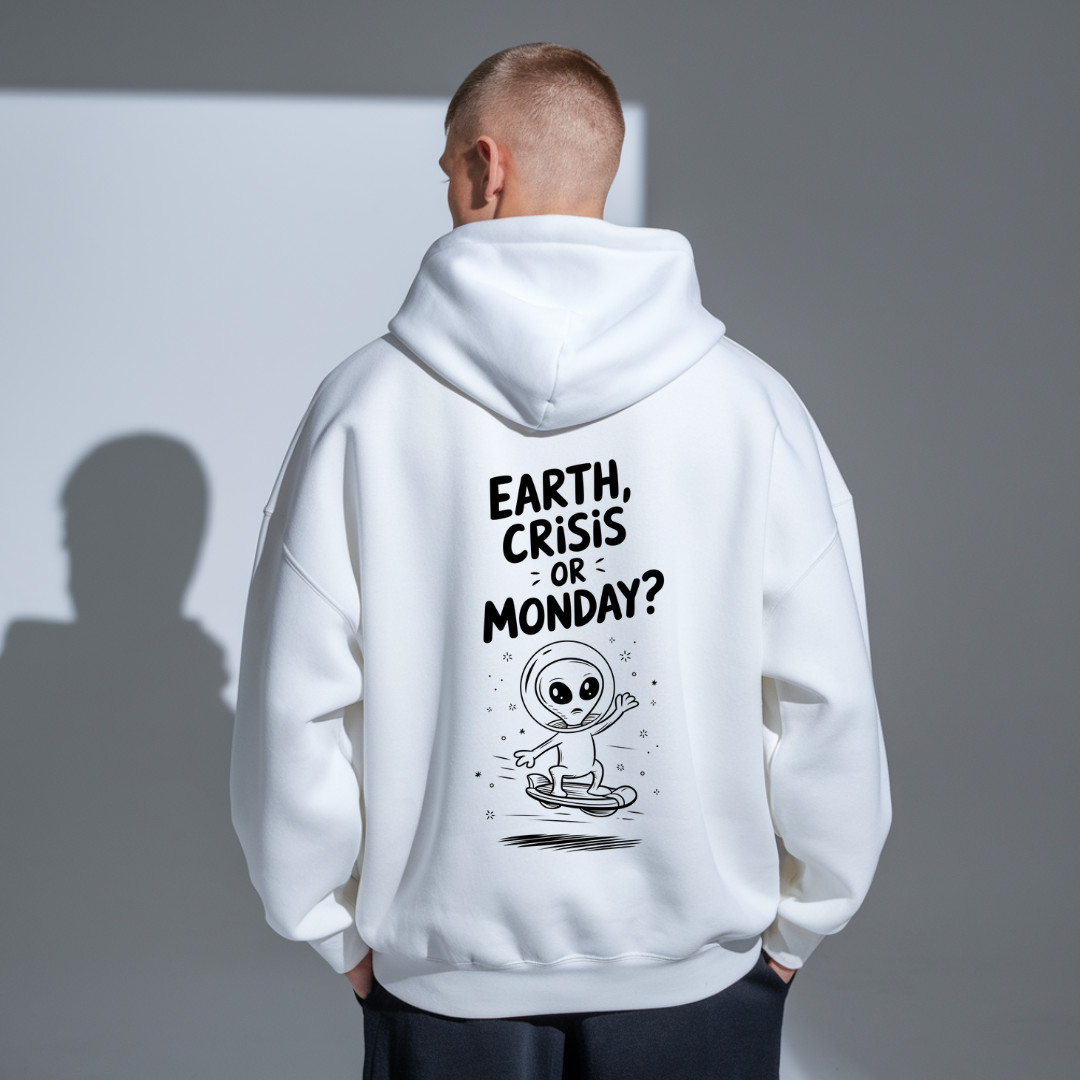 Fielder White Oversized Hoodie: Alien Asking—“Earth Crisis or Monday?”