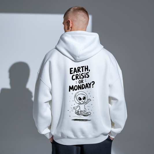 Fielder White Oversized Hoodie: Alien Asking—“Earth Crisis or Monday?”