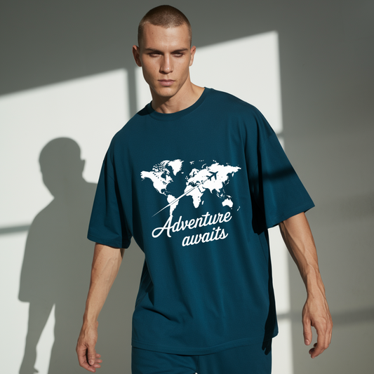 Petrol Blue Oversized World Map T-Shirt,Adventure Awaits!