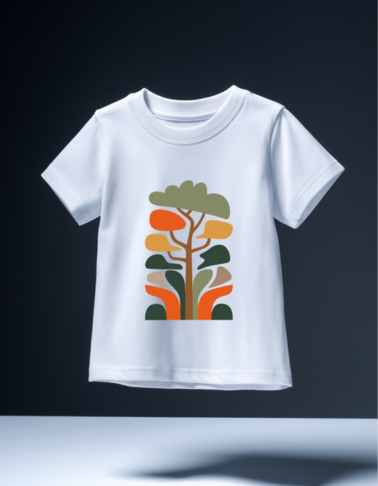 White Kids' T-Shirt with Abstract Colorful Tree Design