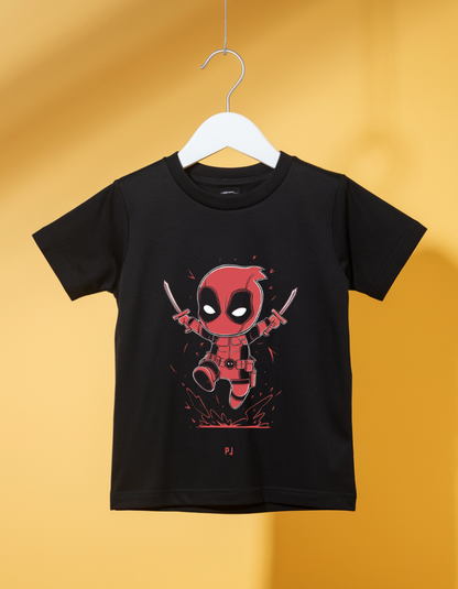 "Kids' Black T-Shirt with Fun Deadpool Cartoon Graphic"