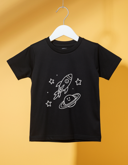 Black Kids' T-Shirt with Rocket in the Sky Design