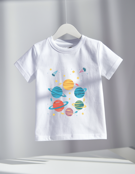 "Kids' White T-Shirt with Colorful Solar System Design"