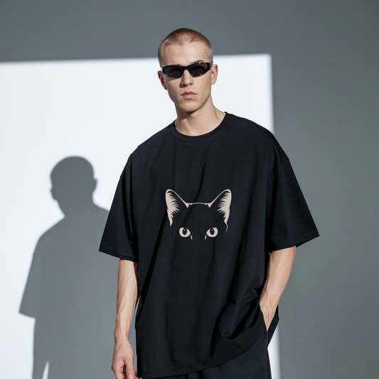 Black Oversized Cat Face Shadow T-Shirt