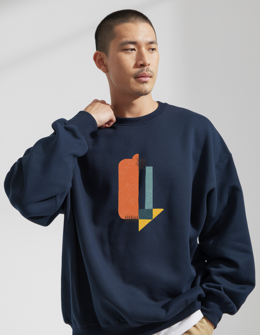 "Vibrant Navy Blue Sweatshirt with Playful Abstract Color Blocks"