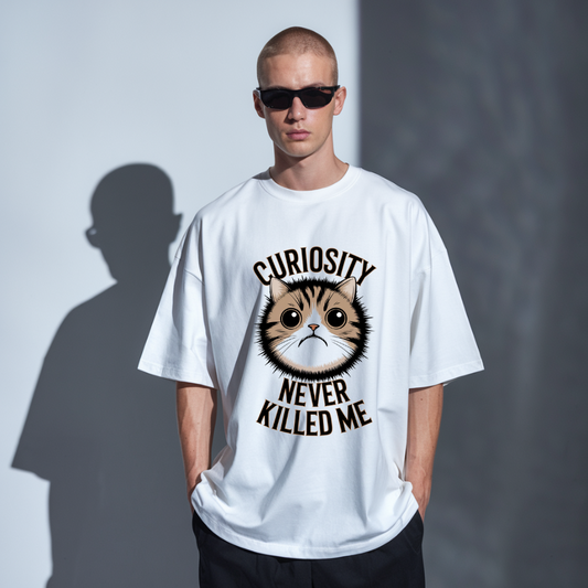 Curiosity Never Killed Me Cat White Oversized Unisex Tee