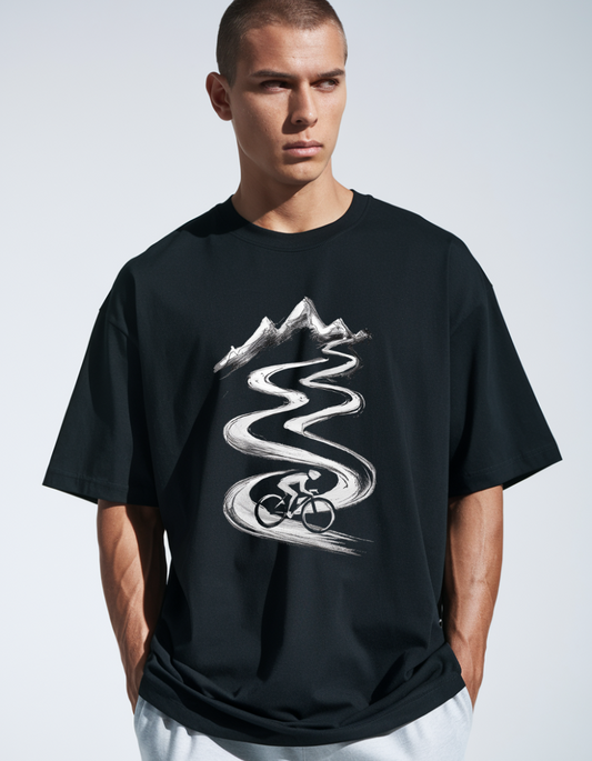 Fielder Black Oversized T-Shirt with Cyclist Sketch | Trendy